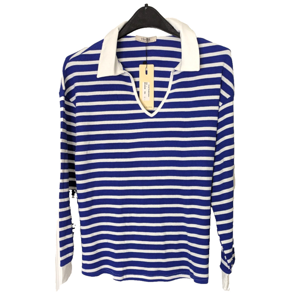 Womens Waffle Knit Long Sleeve Blue White Large Collared V Neck Pullover Shirt
